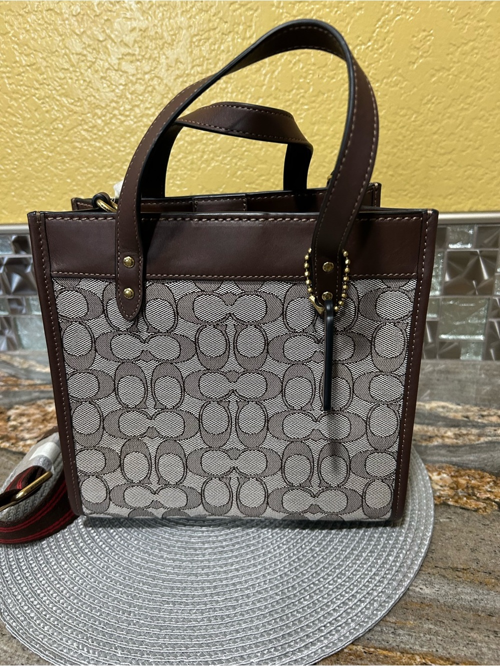 Coach Brown and Beige Signature Canvas Mini Tote with Leather Trim